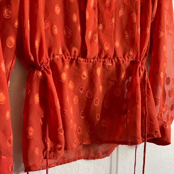 H&M woman’s medium red long sleeve blouse with tie cinched waist & polka dots - Picture 3 of 8